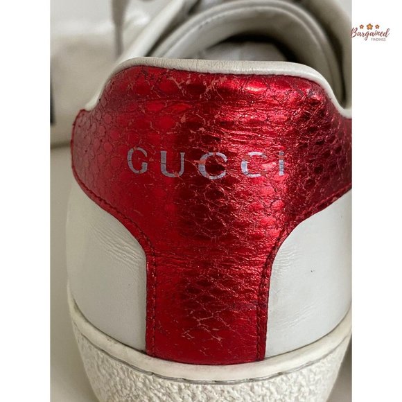 Authentic GUCCI White Leather Ace Heart Embroidered Web Low Top Sneakers 36/6 G - Picture 4 of 13